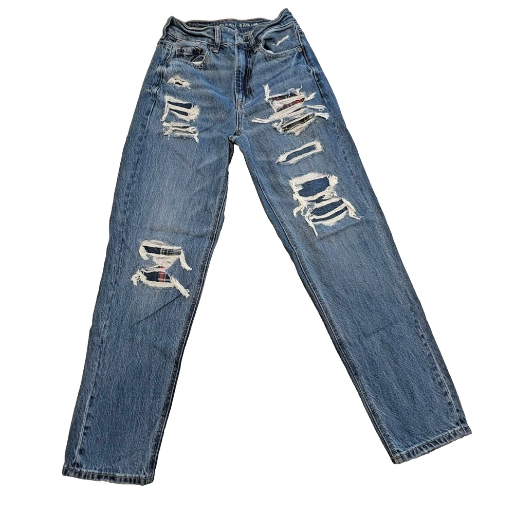American Eagle Mom Straight Jeans Women Ripped Distressed Light Wash Plaid Sz 0